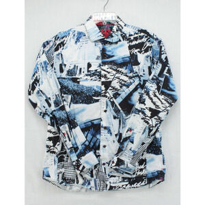 Au Noir Positano Flip Cuff Shirt Men's 4 White Blue Black City Scape Long Sleeve